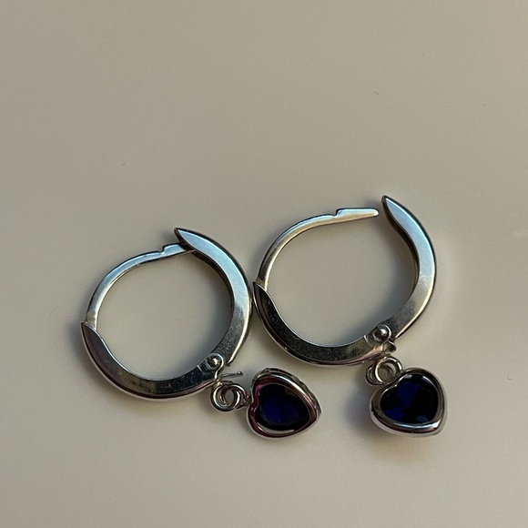 10KT White Gold with Created Blue Sapphire 5mm Heart Dangle Leverback Earrings - Picture 8 of 8